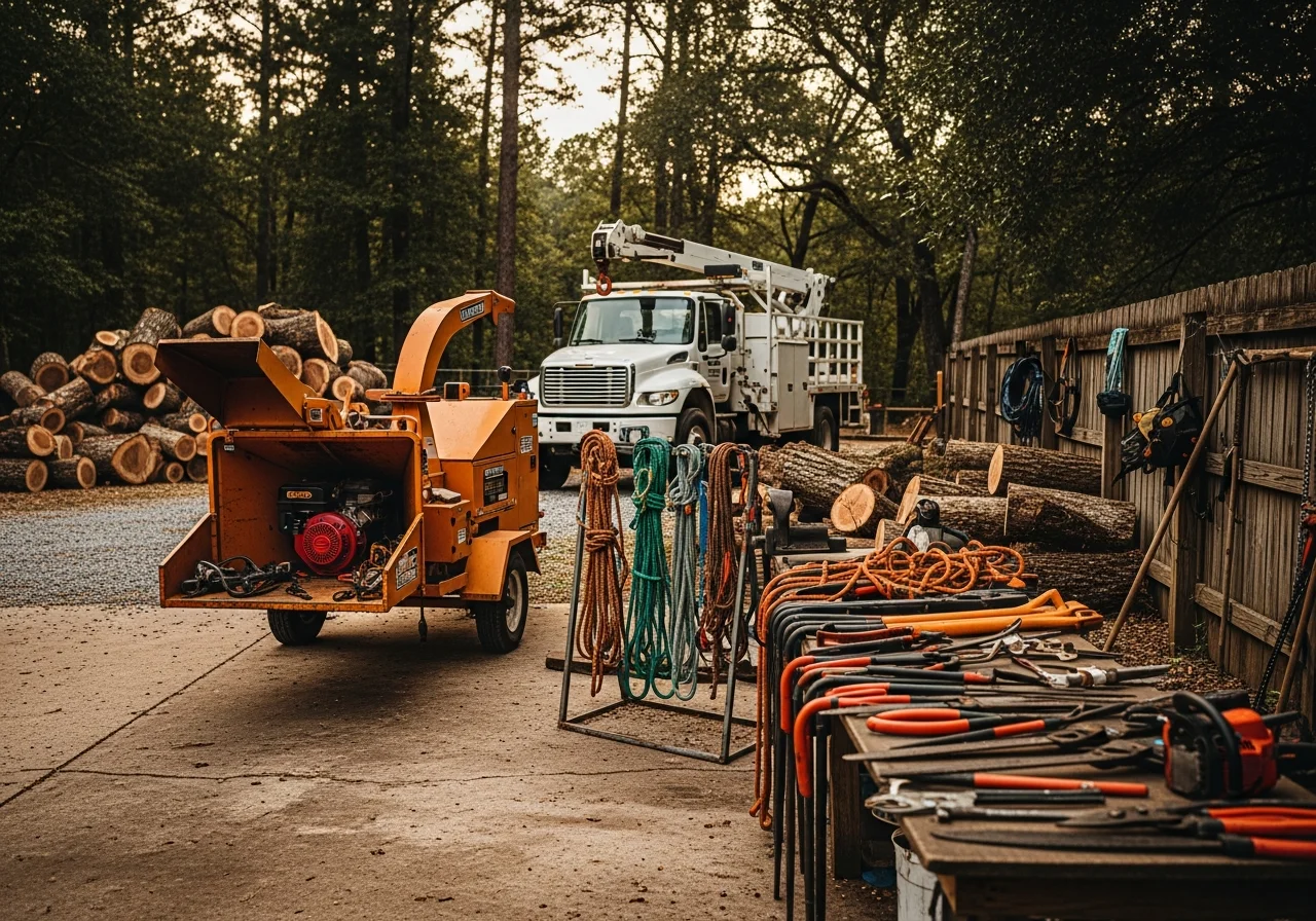 Professional tree service crew with equipment and tools ready for residential and commercial tree work.