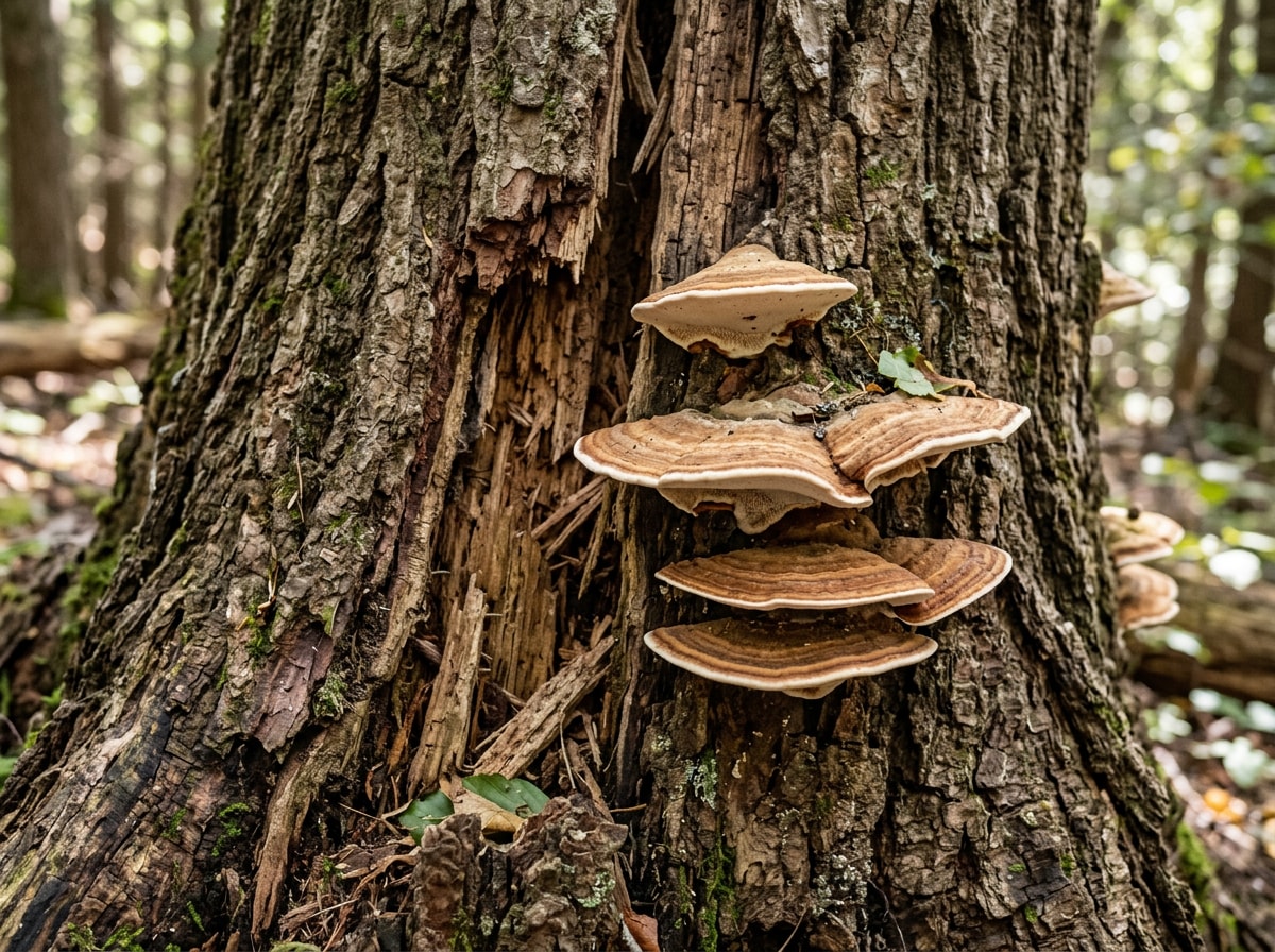 Close-up of fungal growth and bark cracking on a stressed tree trunk, a common warning sign in Jackson MS trees