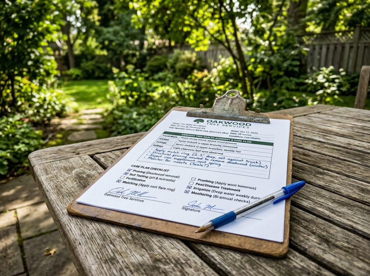 Arborist report showing tree health assessment notes and a recommended care plan on a clipboard