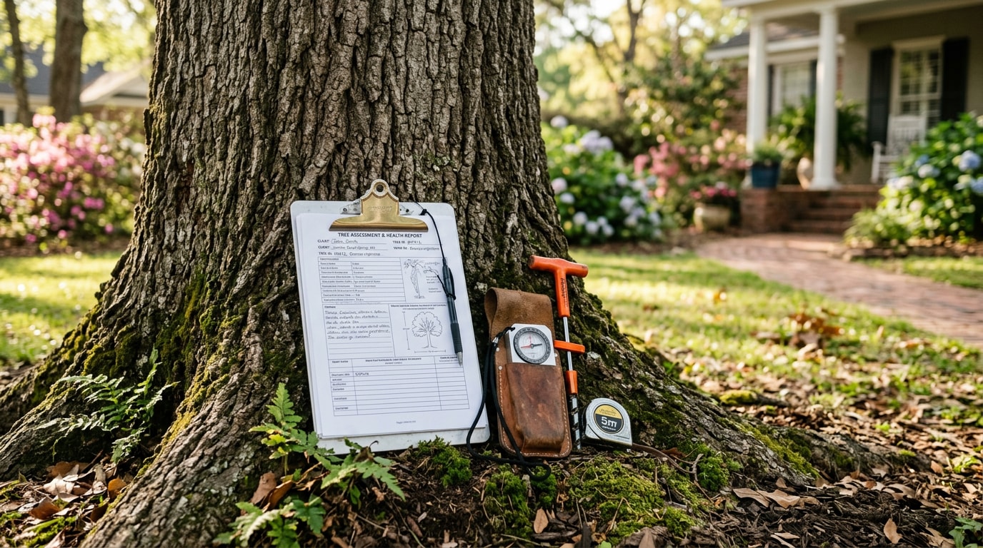 Arborist consultation tools and clipboard resting against a mature oak tree trunk in a Jackson, MS yard Arborist consultation tools and clipboard resting against a mature oak tree trunk in a Jackson, MS yard