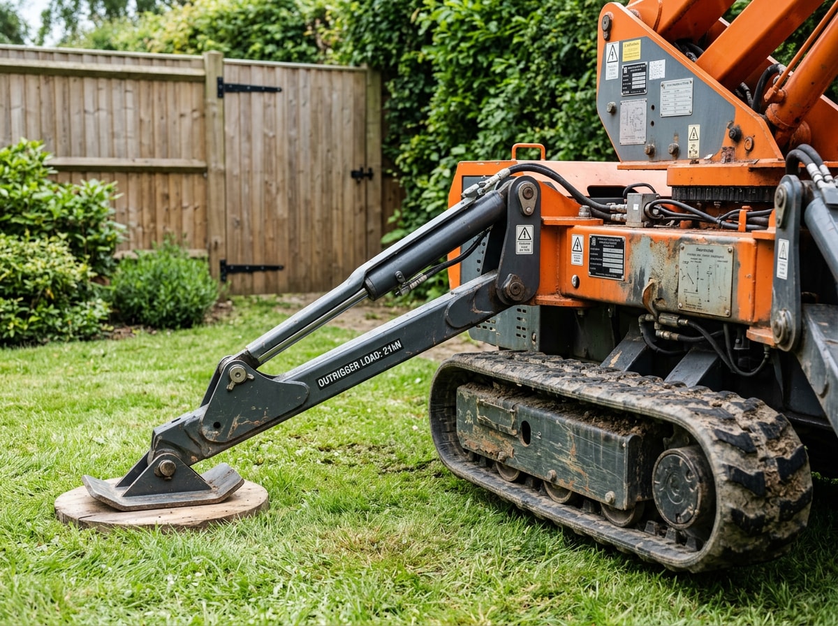 Tracked spider lift with extended outriggers positioned in a narrow backyard access point near a large oak tree