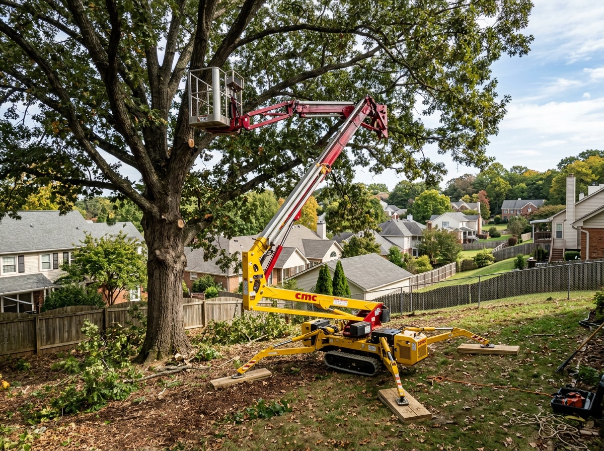 Certified arborist operating a spider lift basket on a sloped backyard tree job in a fenced Brandon, MS neighborhood