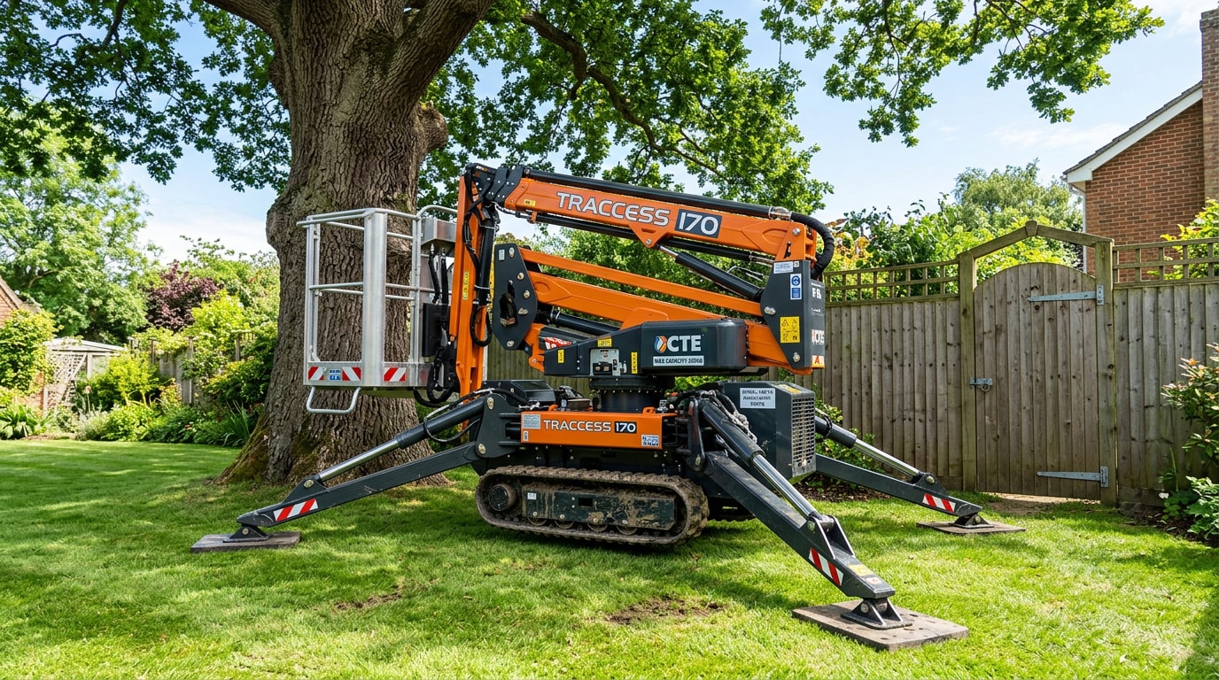 Arborist spider lift set up on a residential lawn in Brandon, MS