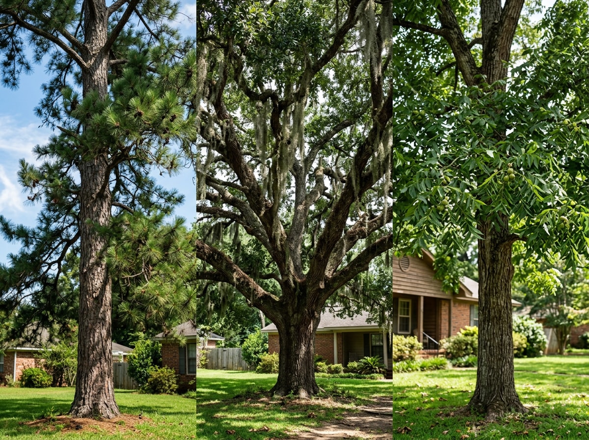 Pine, oak, and pecan trees common to yards in Pearl, Mississippi