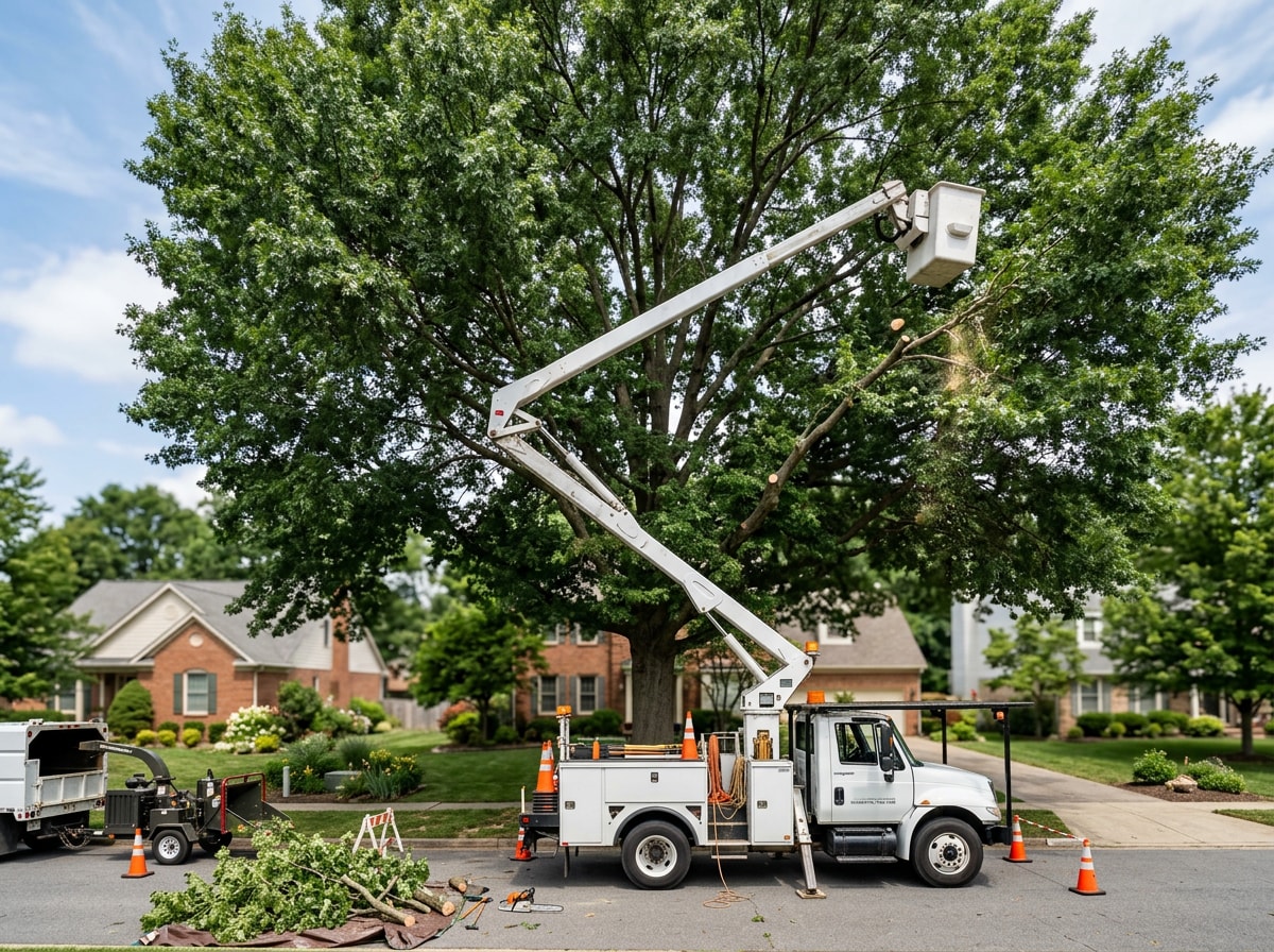 Tree service crew using a bucket truck to trim a large shade tree