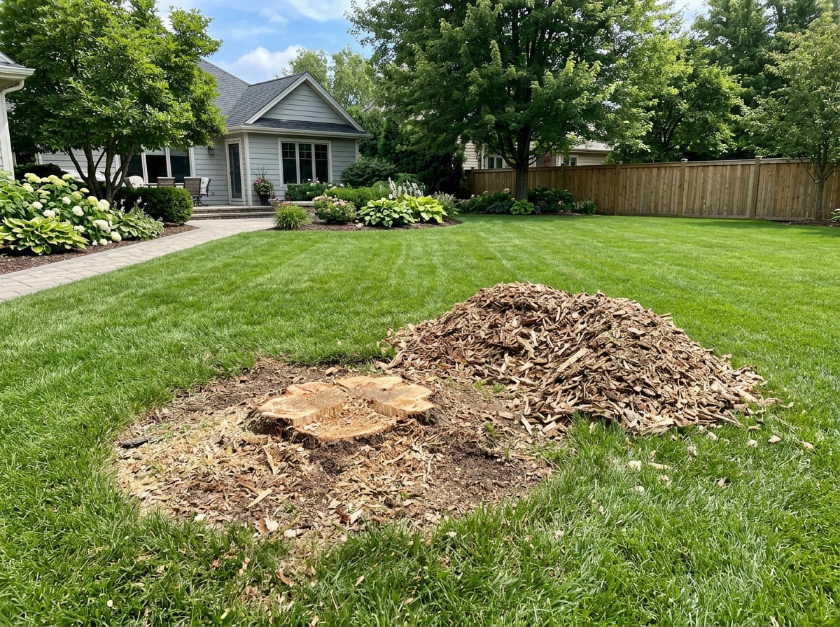 Freshly ground tree stump and cleared yard after a Pearl, MS tree removal