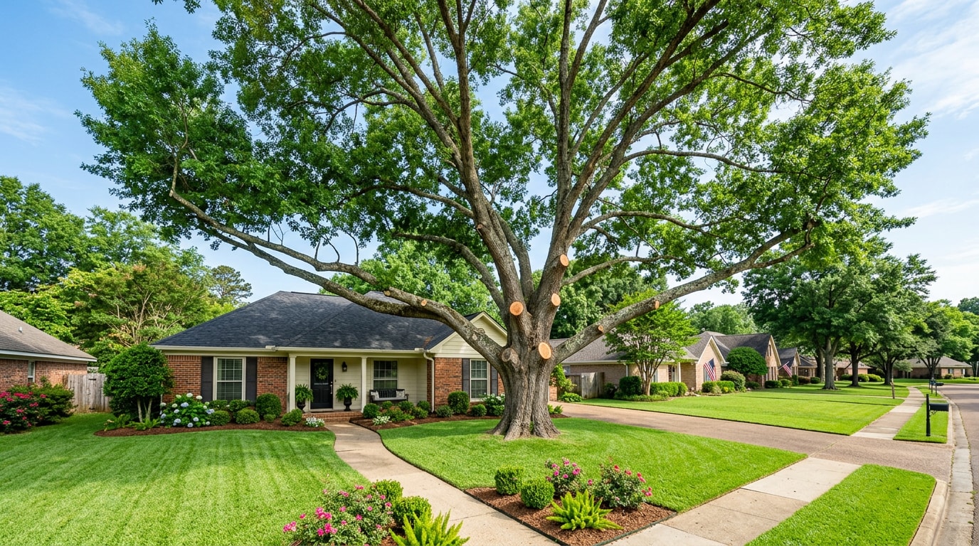 Freshly trimmed large oak tree in a Pearl, MS front yard Freshly trimmed large oak tree in a Pearl, MS front yard