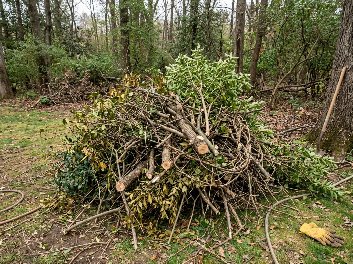 Cleared brush pile staged for haul-away on a wooded Madison, MS lot