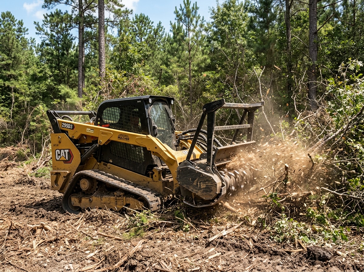 Skid steer with forestry mulching head clearing dense brush near Madison, MS