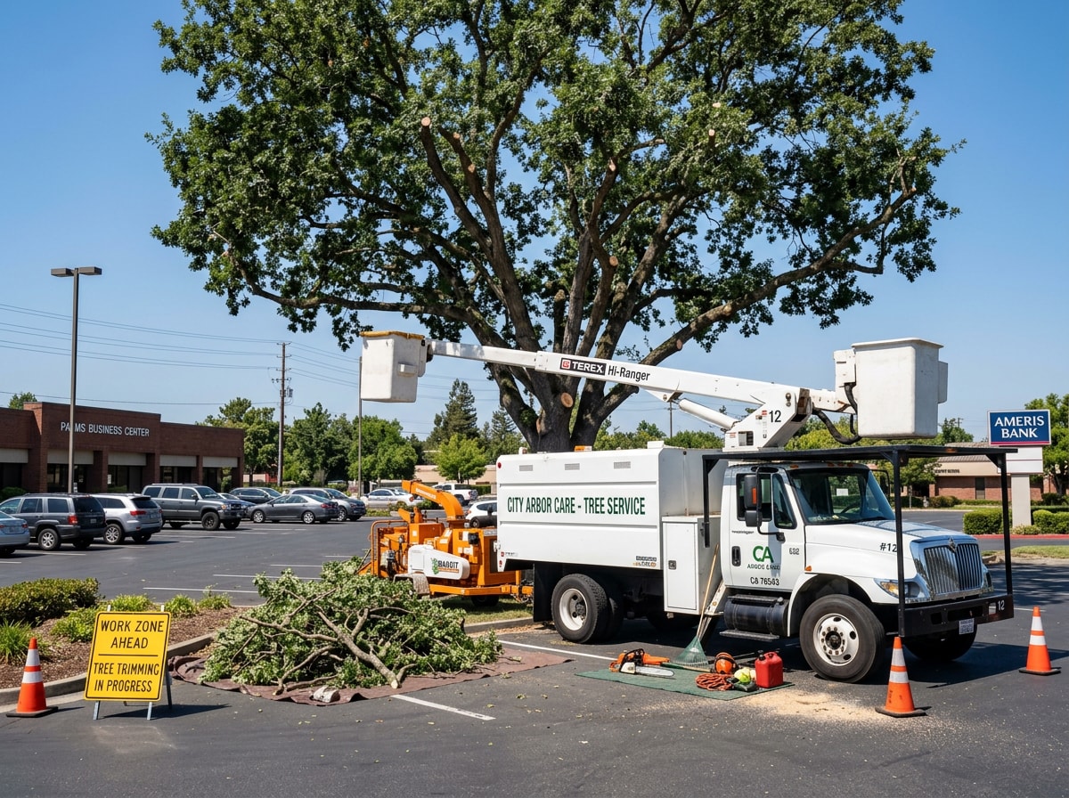 Crew performing commercial tree trimming near a Ridgeland, MS parking lot