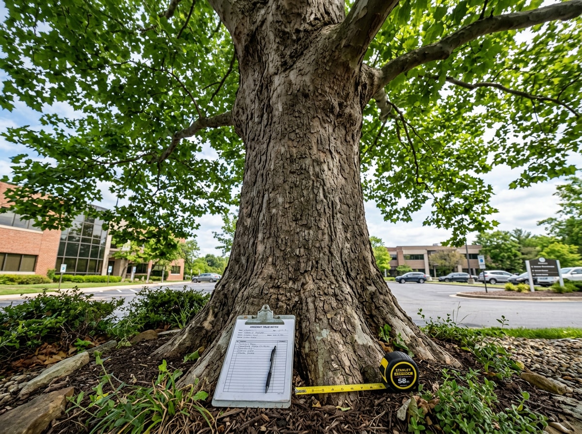 Arborist inspecting a tree on a commercial property in Ridgeland, MS