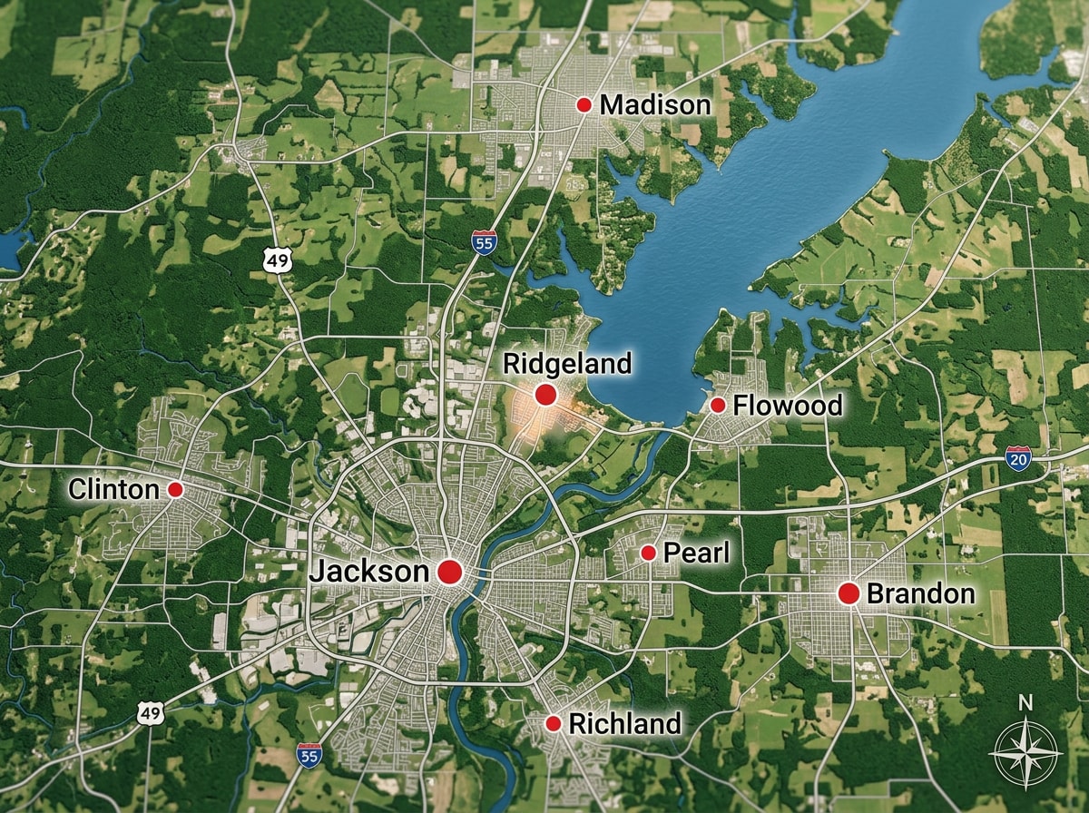 Map of Ridgeland, MS and surrounding Jackson metro service area
