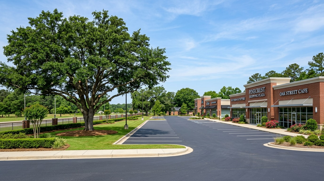 Commercial tree company Ridgeland, MS property with professionally maintained trees near a parking lot