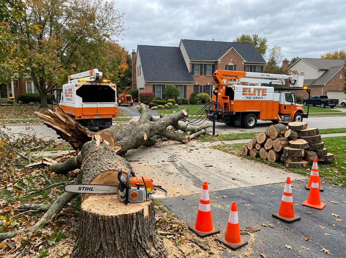 Tree service crew cutting up a storm-downed oak tree blocking a driveway in Pearl, MS