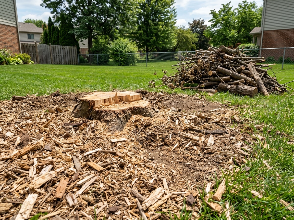 Close-up of a freshly ground tree stump and cleared debris pile after a Pearl, MS tree removal job