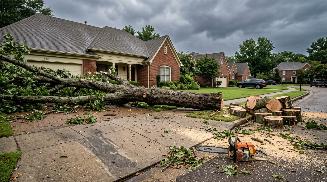 Large storm-downed oak tree across a residential driveway in Pearl, MS awaiting removal Large storm-downed oak tree across a residential driveway in Pearl, MS awaiting removal
