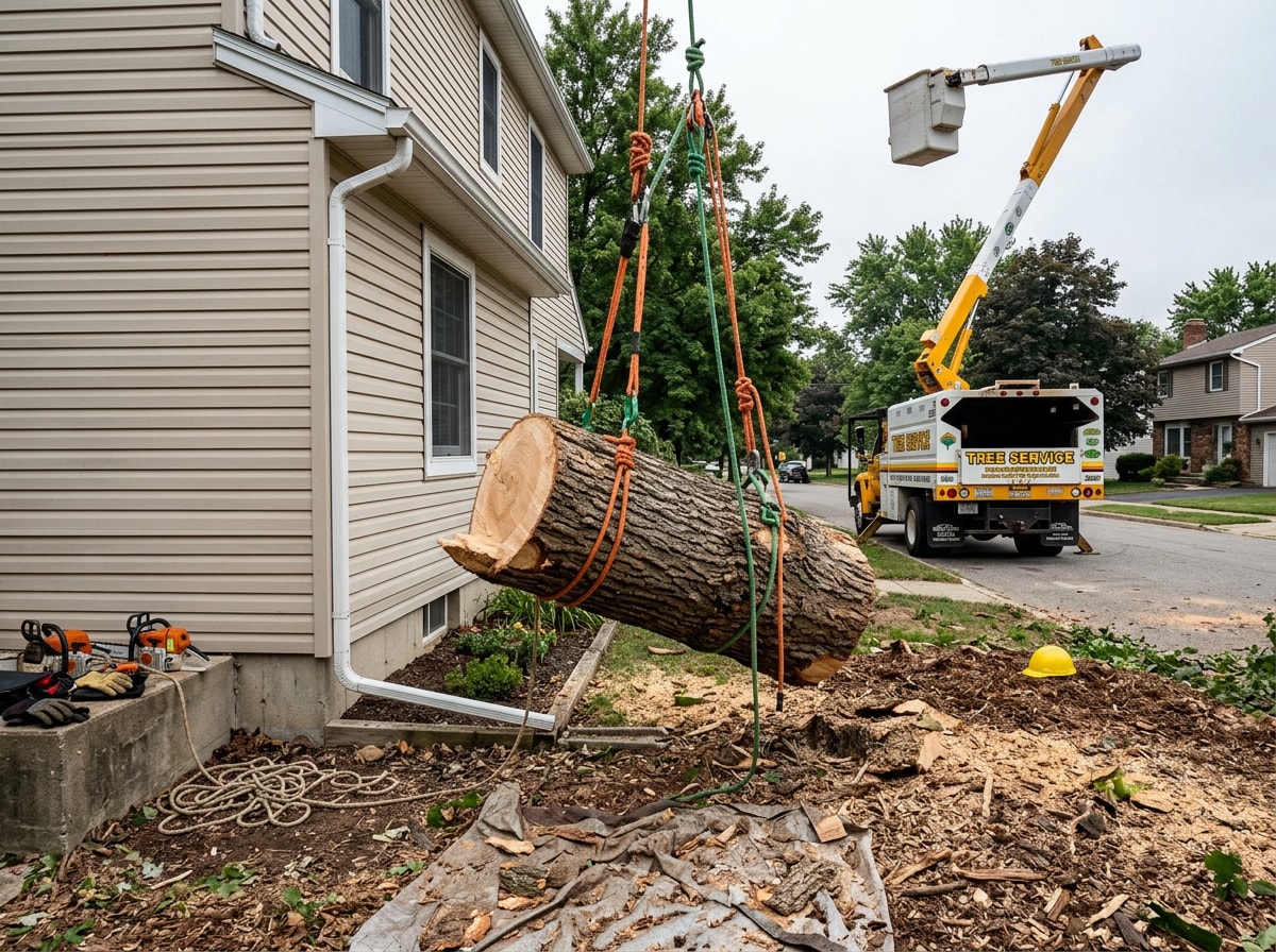 Crew removing a storm-damaged tree leaning against a home in Brandon, MS