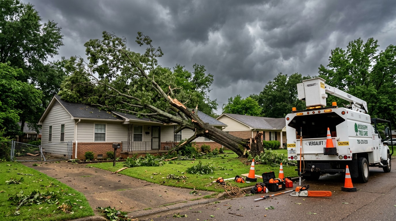 Storm-damaged tree leaning near a home during emergency tree removal in Brandon, MS