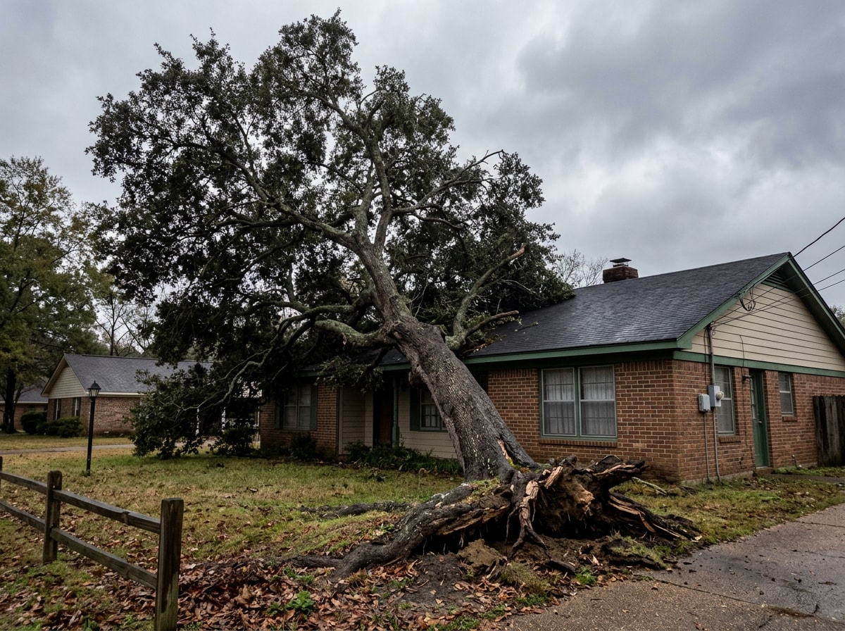 Large leaning tree hanging over a residential roof in need of removal