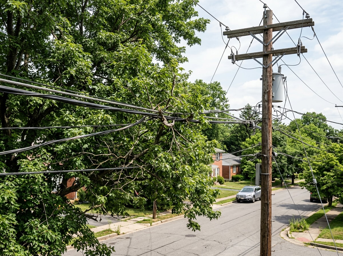 Overgrown tree branches growing close to residential power lines