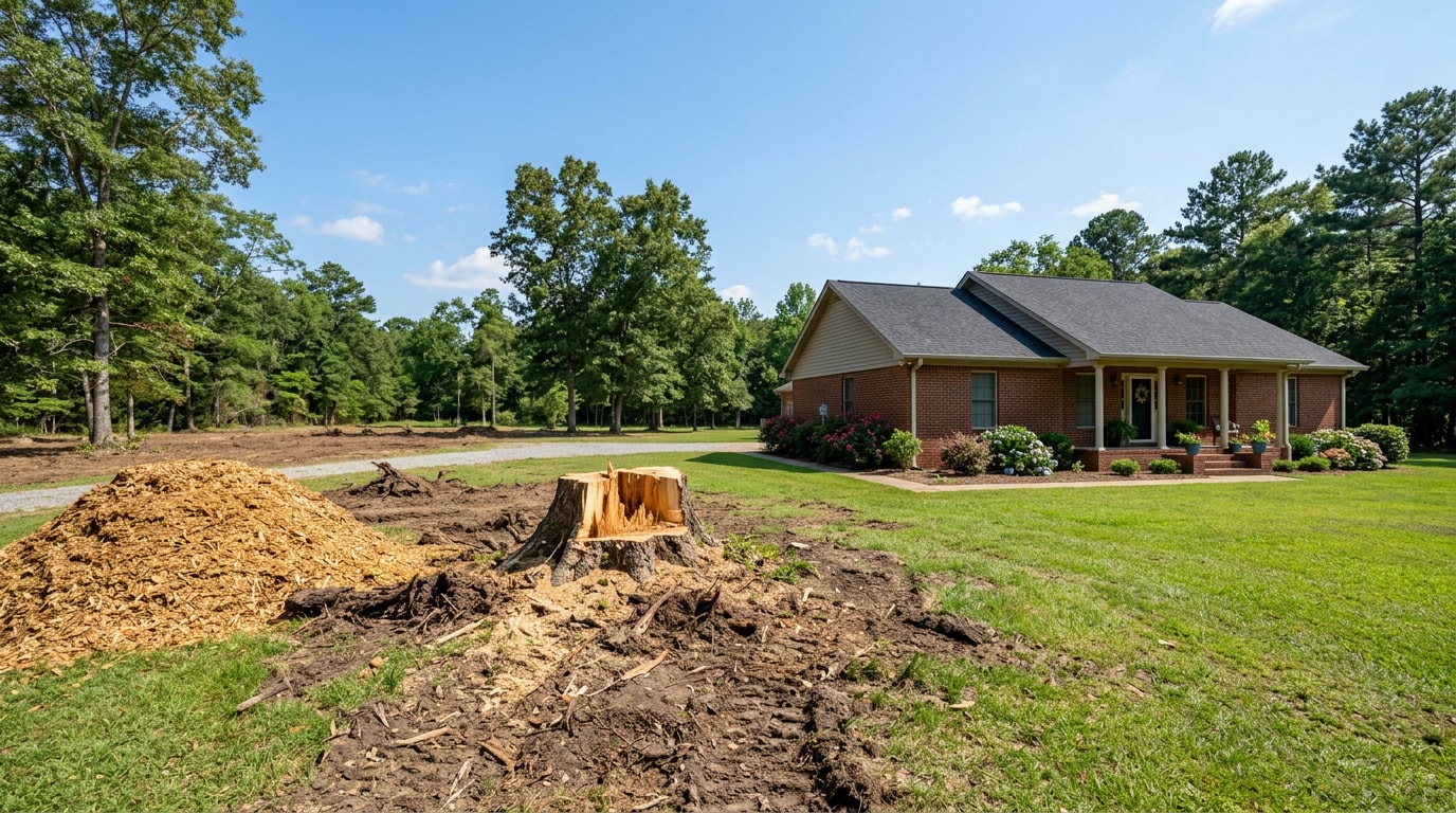 Freshly cleared yard after professional tree removal near a Mississippi home