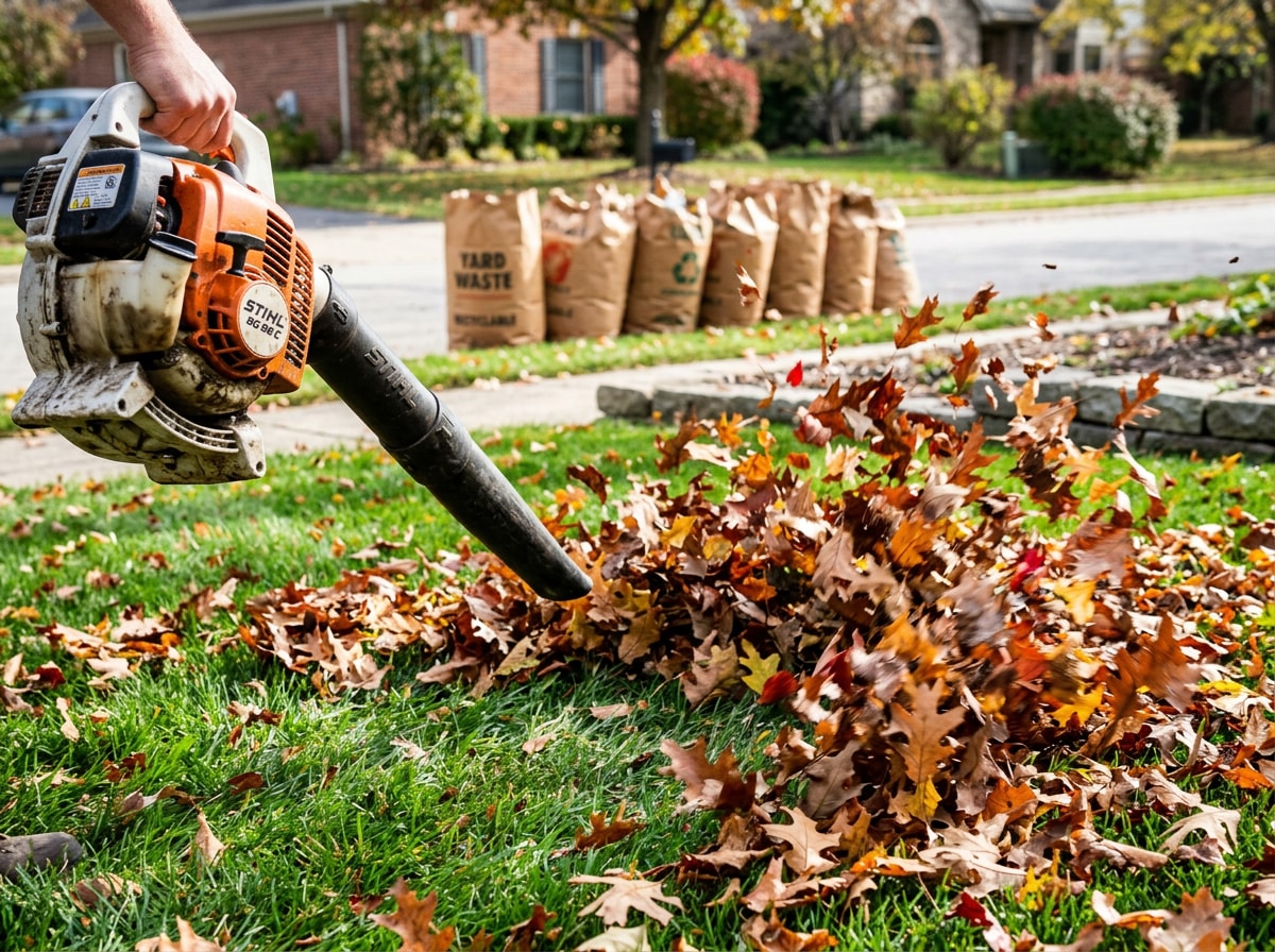 Lawn crew bagging and hauling leaves from a residential yard in Madison, MS