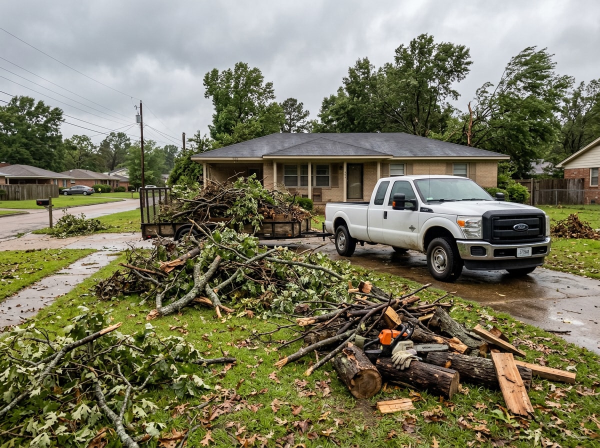 Crew clearing storm-damaged branches and leaf debris after a wind event in Madison, MS