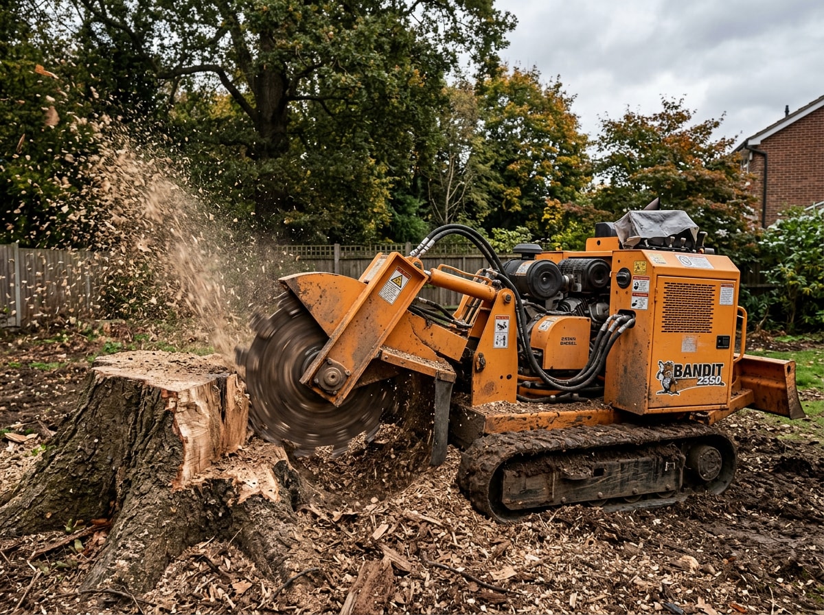 Stump grinder in operation removing a large oak stump in a Clinton, MS backyard