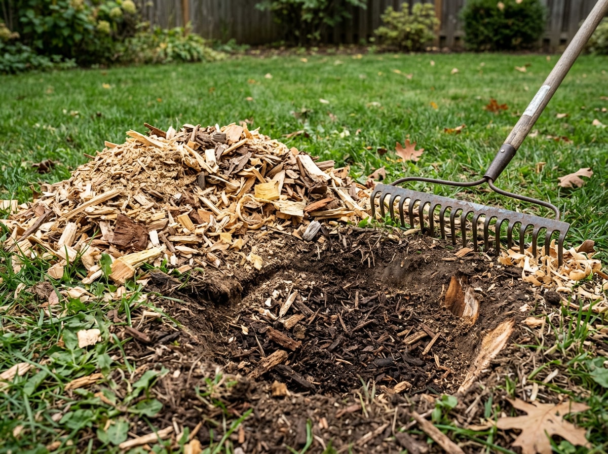 Close-up of stump grinding equipment and wood chip debris during a cleanup phase in a Clinton, MS yard
