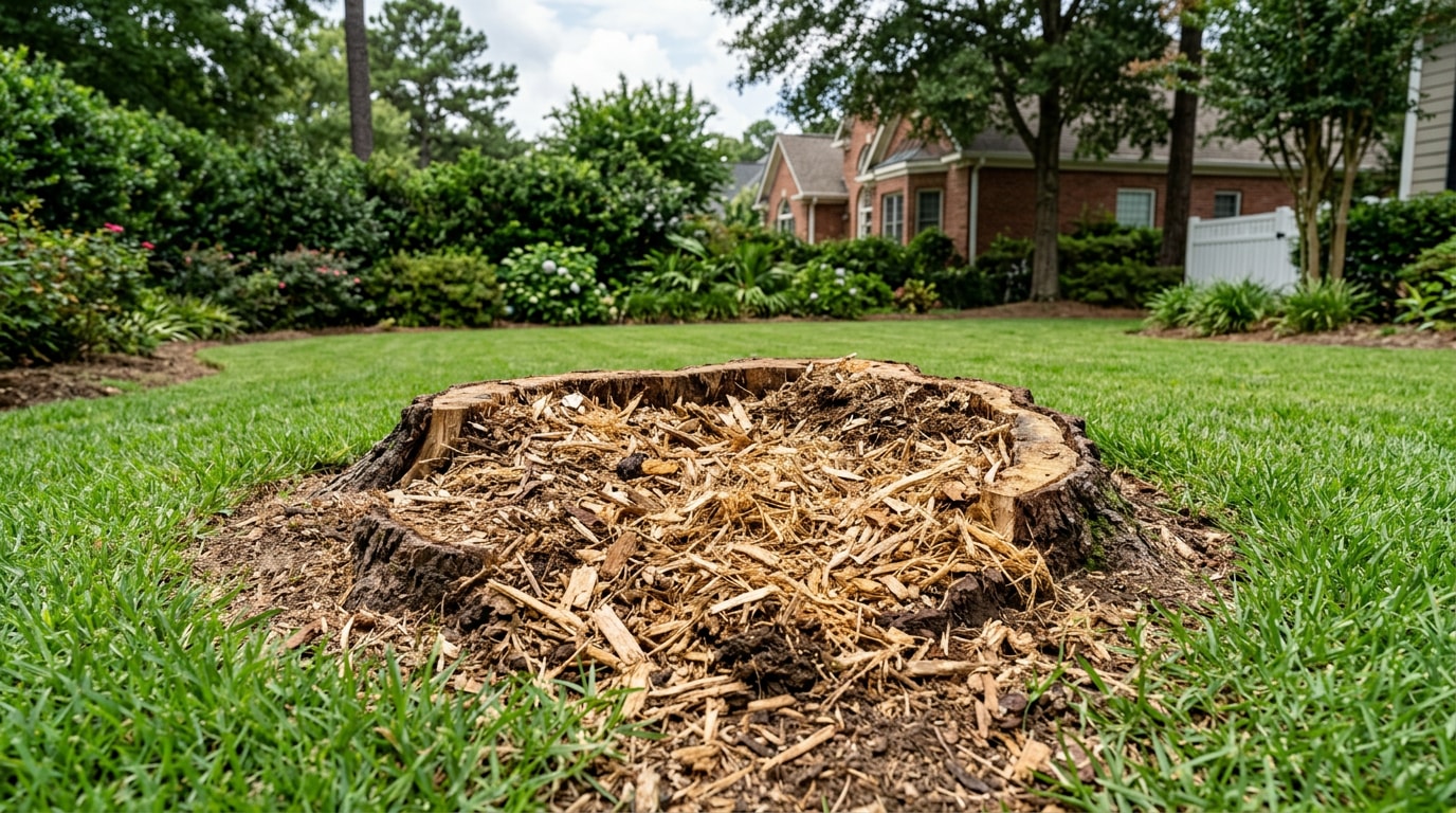 Freshly ground tree stump in a Clinton, MS backyard