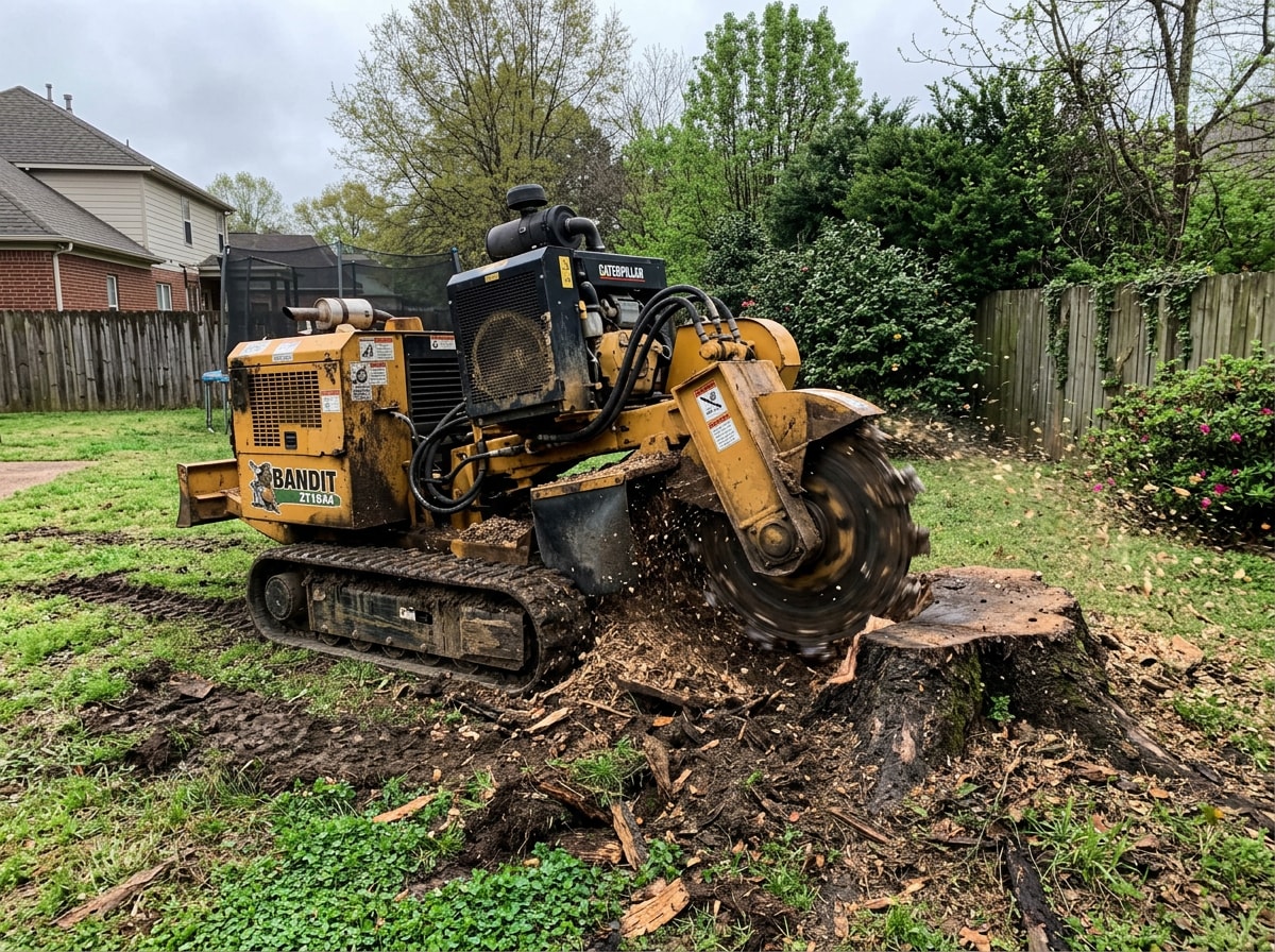 Tracked stump grinder cutting a large oak stump below grade in a residential Clinton MS backyard
