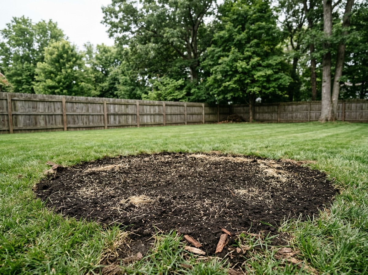Clean, grass-ready yard after a stump has been ground below grade and the hole backfilled