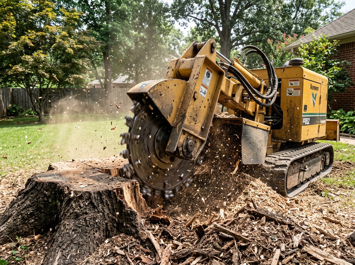 Stump grinder removing a tree stump down to below grade in a residential yard