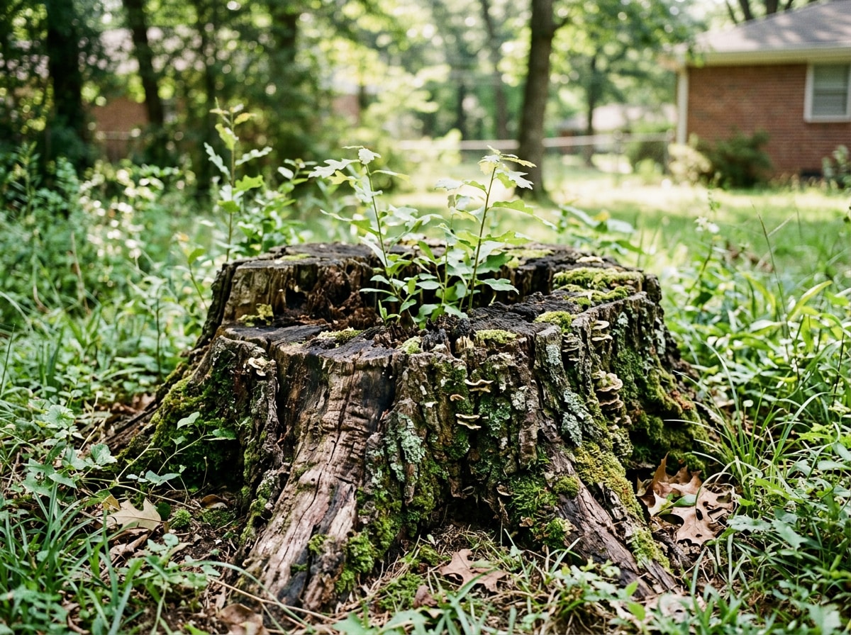 Untreated tree stump with visible regrowth and decay in a Brandon, MS yard