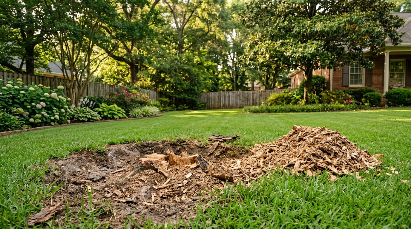 Freshly ground tree stump below grade in a Brandon, MS backyard