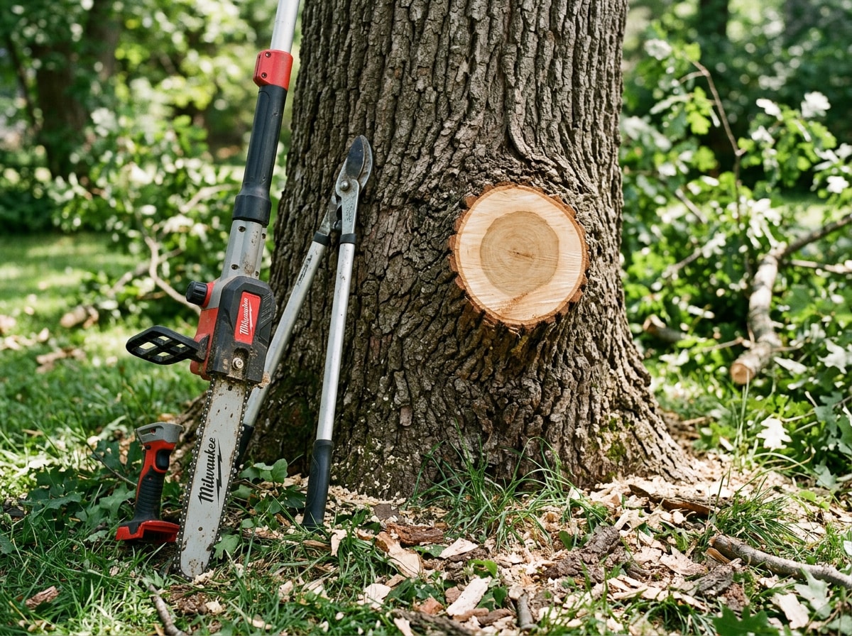Tree trimming crew cutting overgrown branches with limb trimming equipment