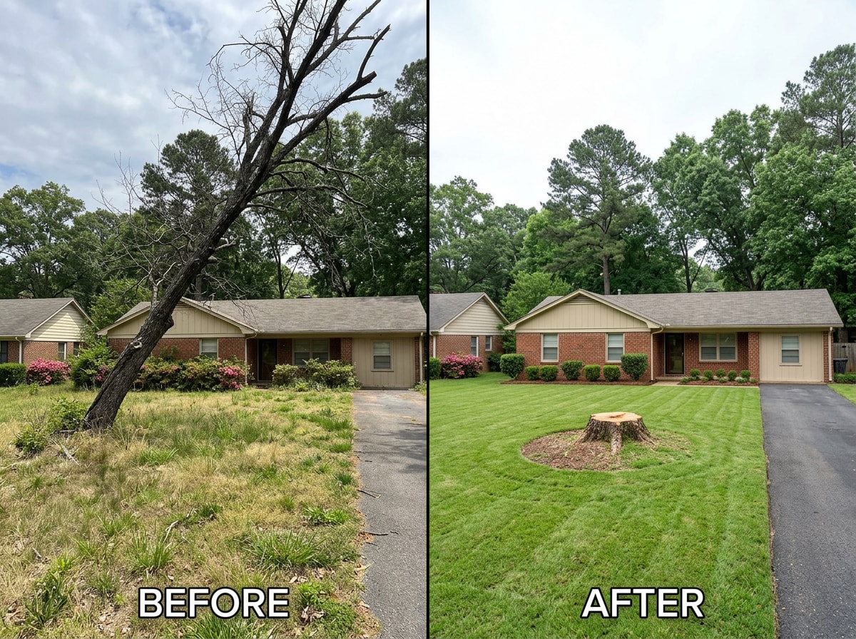 Before and after photo of a tree removal project in a Richland yard