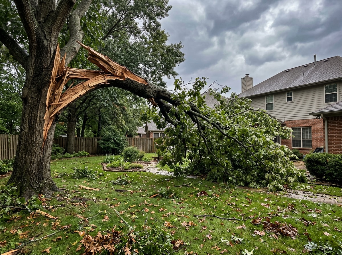 Storm-damaged tree limb split and hanging over a yard in Richland, Mississippi