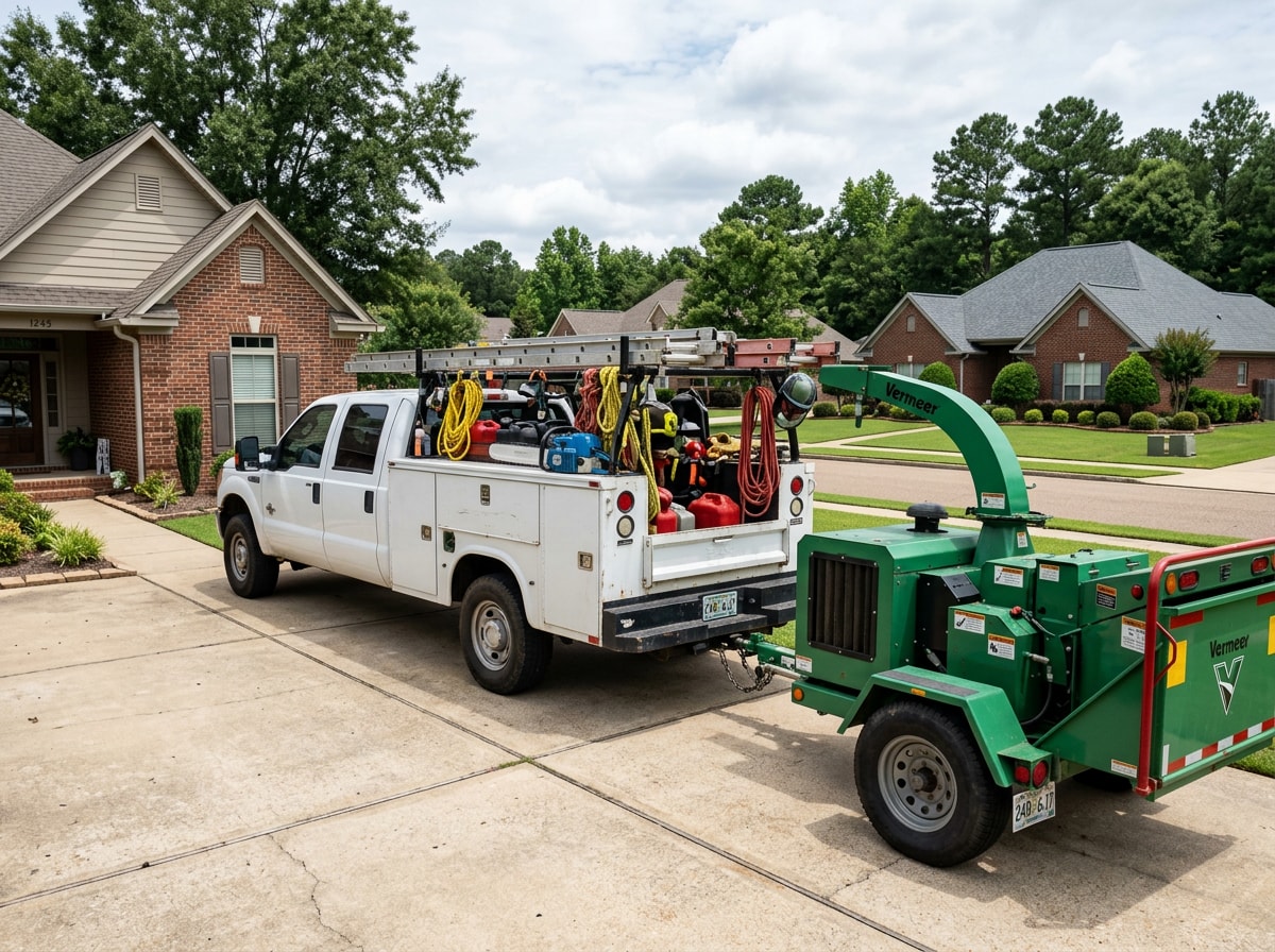 Local tree service crew standing beside their truck in Richland, Mississippi