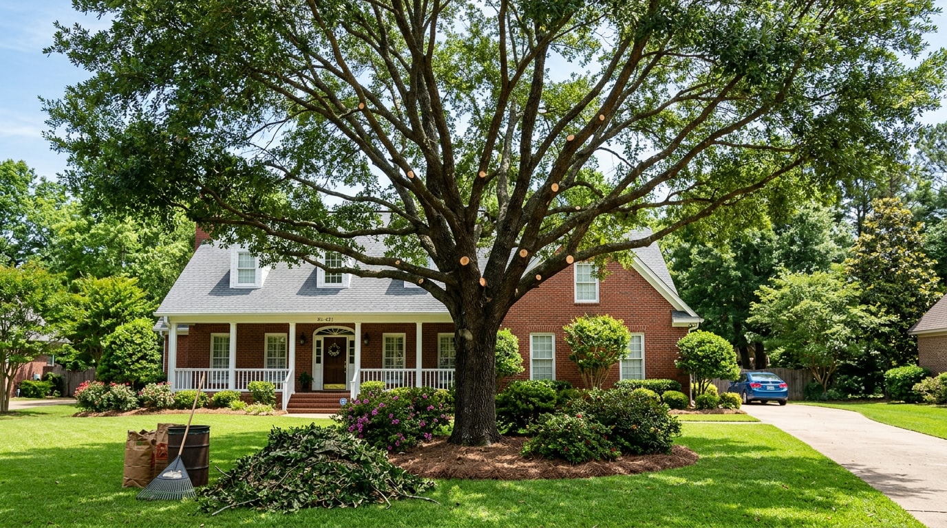 Freshly trimmed oak tree in a Richland, Mississippi front yard Freshly trimmed oak tree in a Richland, Mississippi front yard
