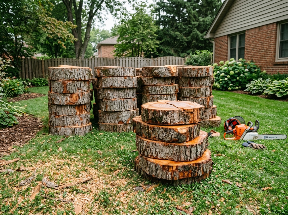 Freshly cut hardwood rounds stacked after a professional tree felling job in a Flowood, MS yard