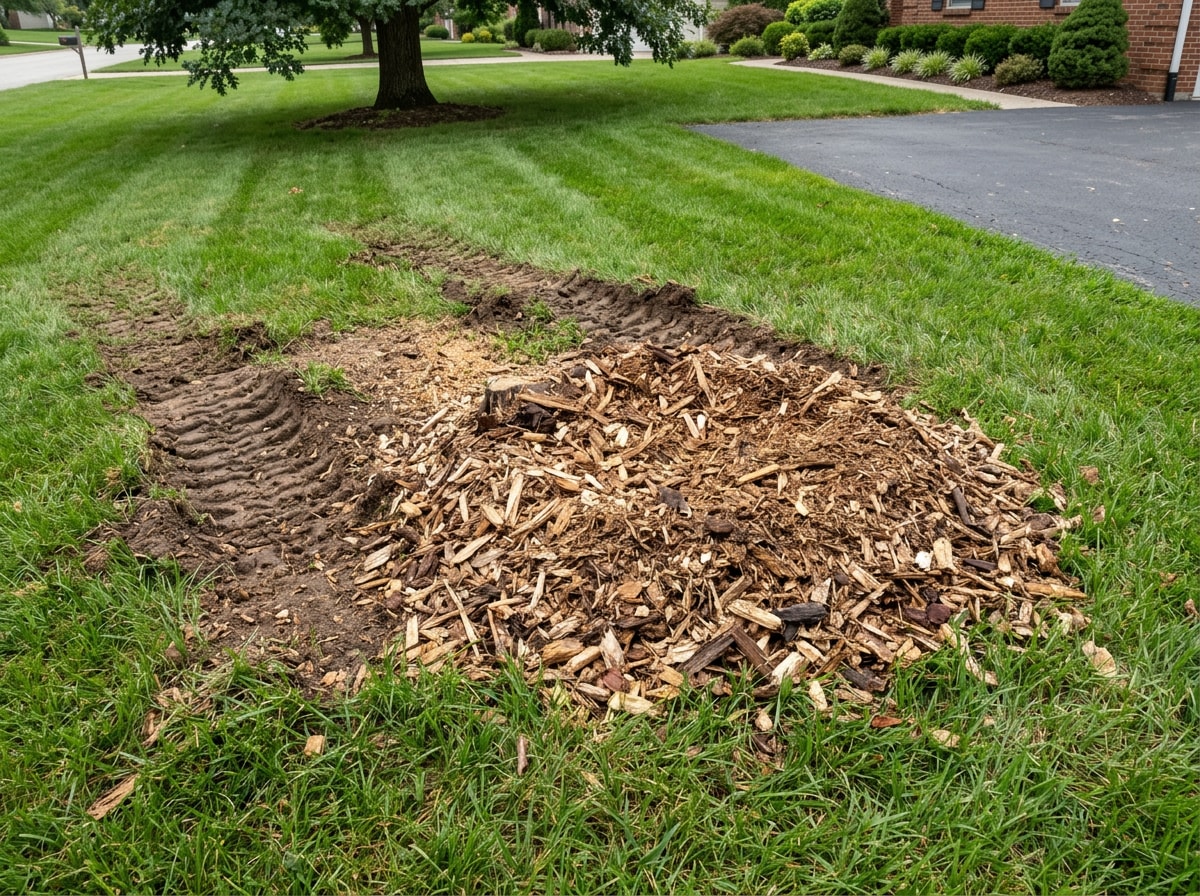 Ground-level stump freshly ground down and mulched after a professional stump grinding service