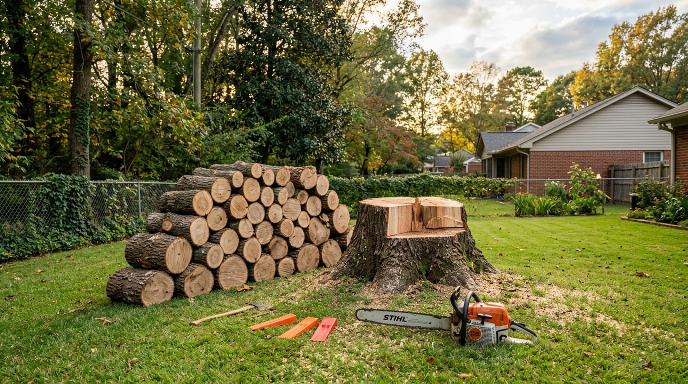 Professional tree cutting service results in a Flowood, MS backyard Professional tree cutting service results in a Flowood, MS backyard