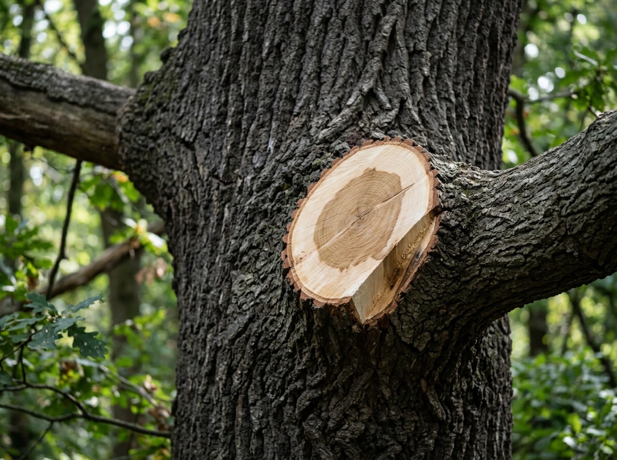 Clean pruning cut at a branch collar on a mature oak tree
