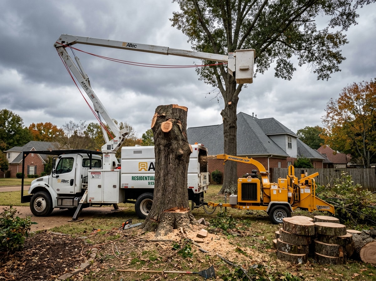 Bucket truck and chipper positioned for a residential tree removal job
