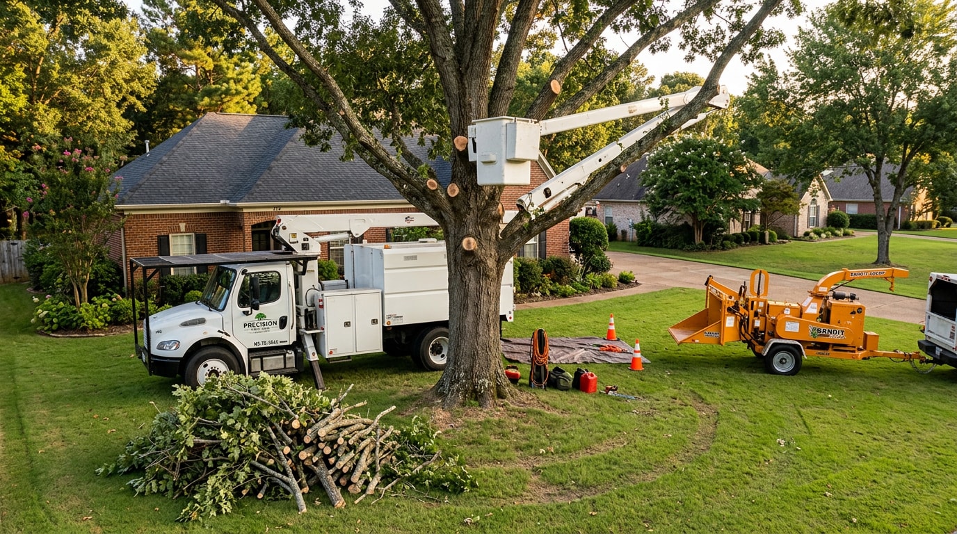 Bucket truck and wood chipper set up for tree trimming at a Ridgeland, Mississippi home