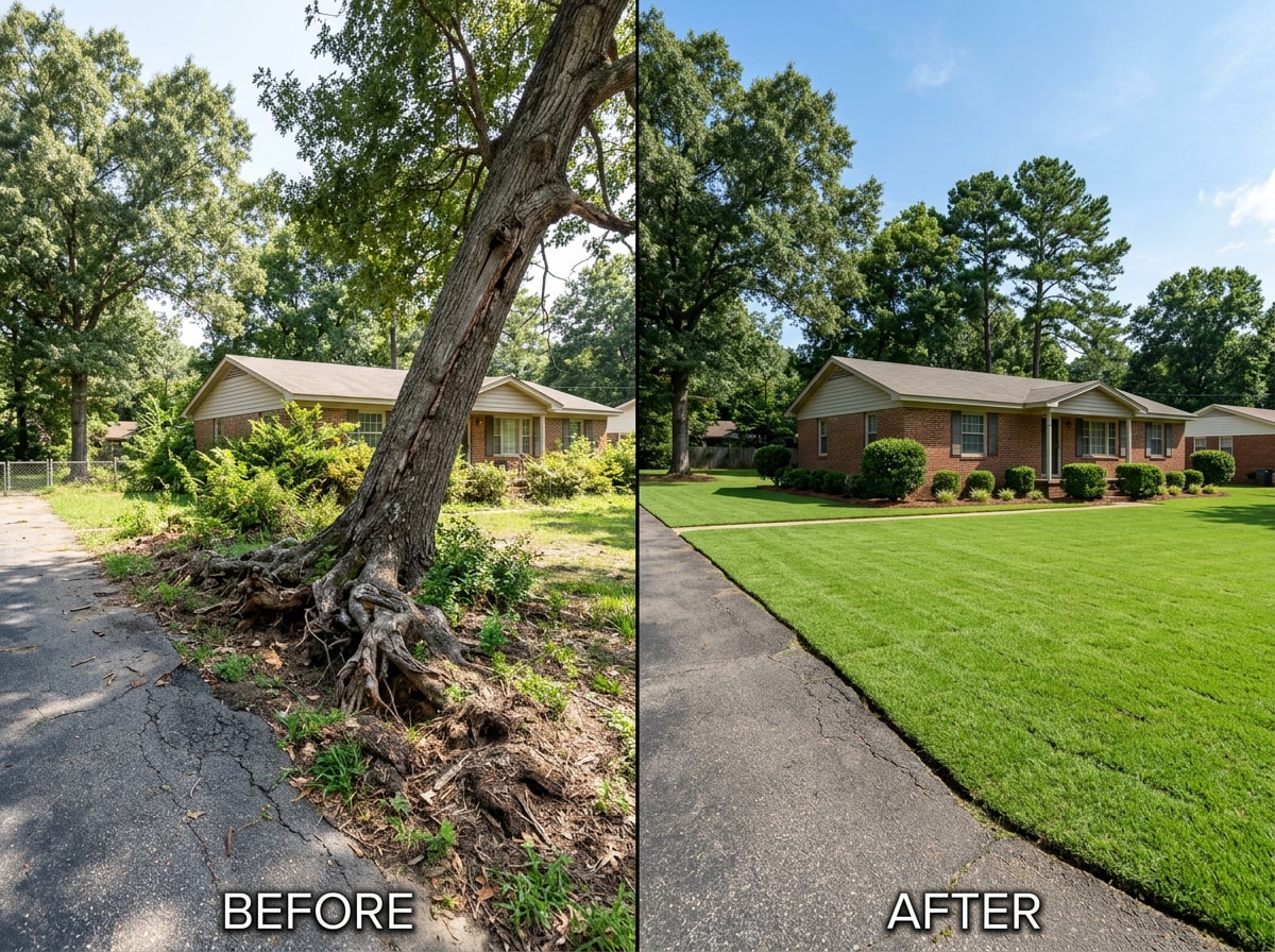 Before and after photo of a Richland, MS yard following tree removal and stump grinding