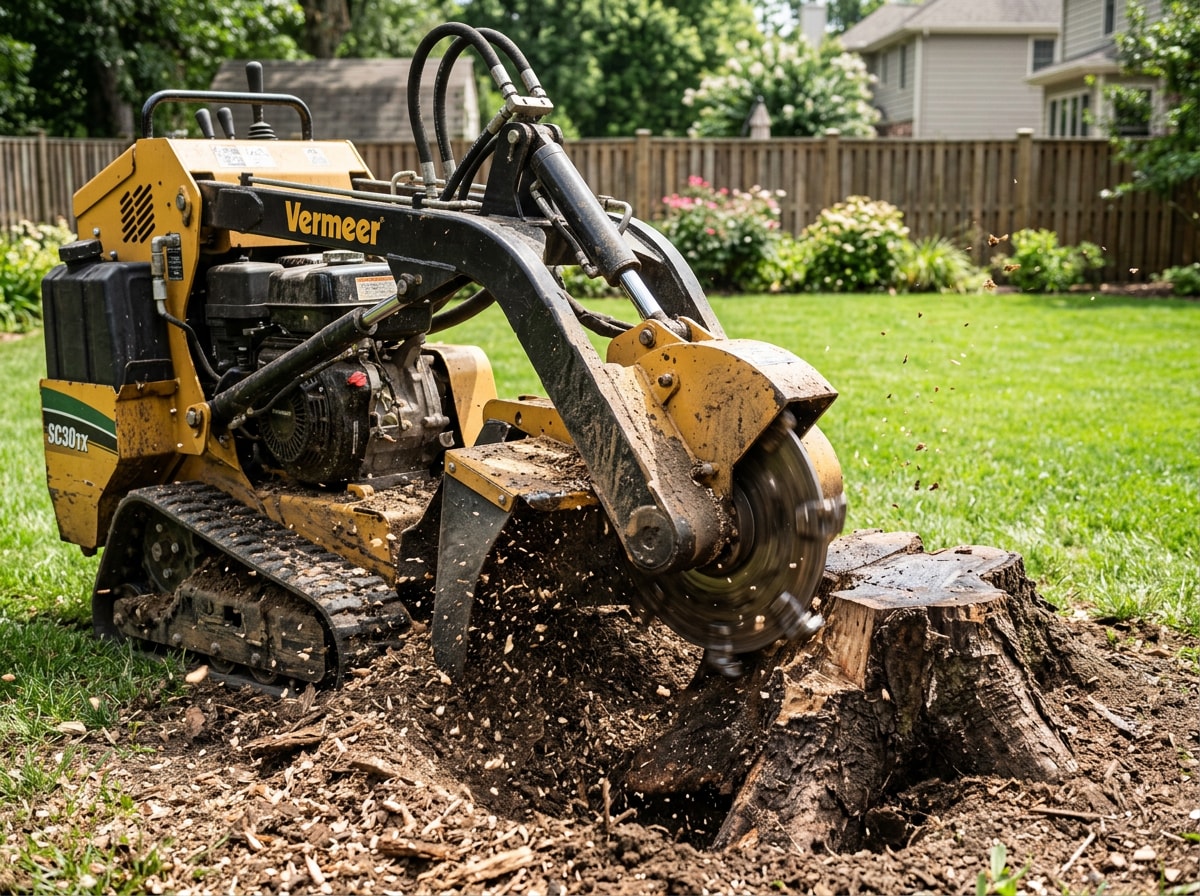 Stump grinder in use removing a tree stump below grade in a Richland, MS yard