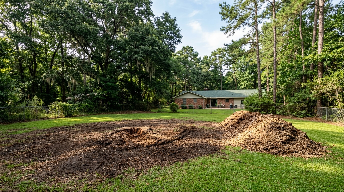Freshly cleared yard in Richland, MS after professional tree removal and stump grinding Freshly cleared yard in Richland, MS after professional tree removal and stump grinding