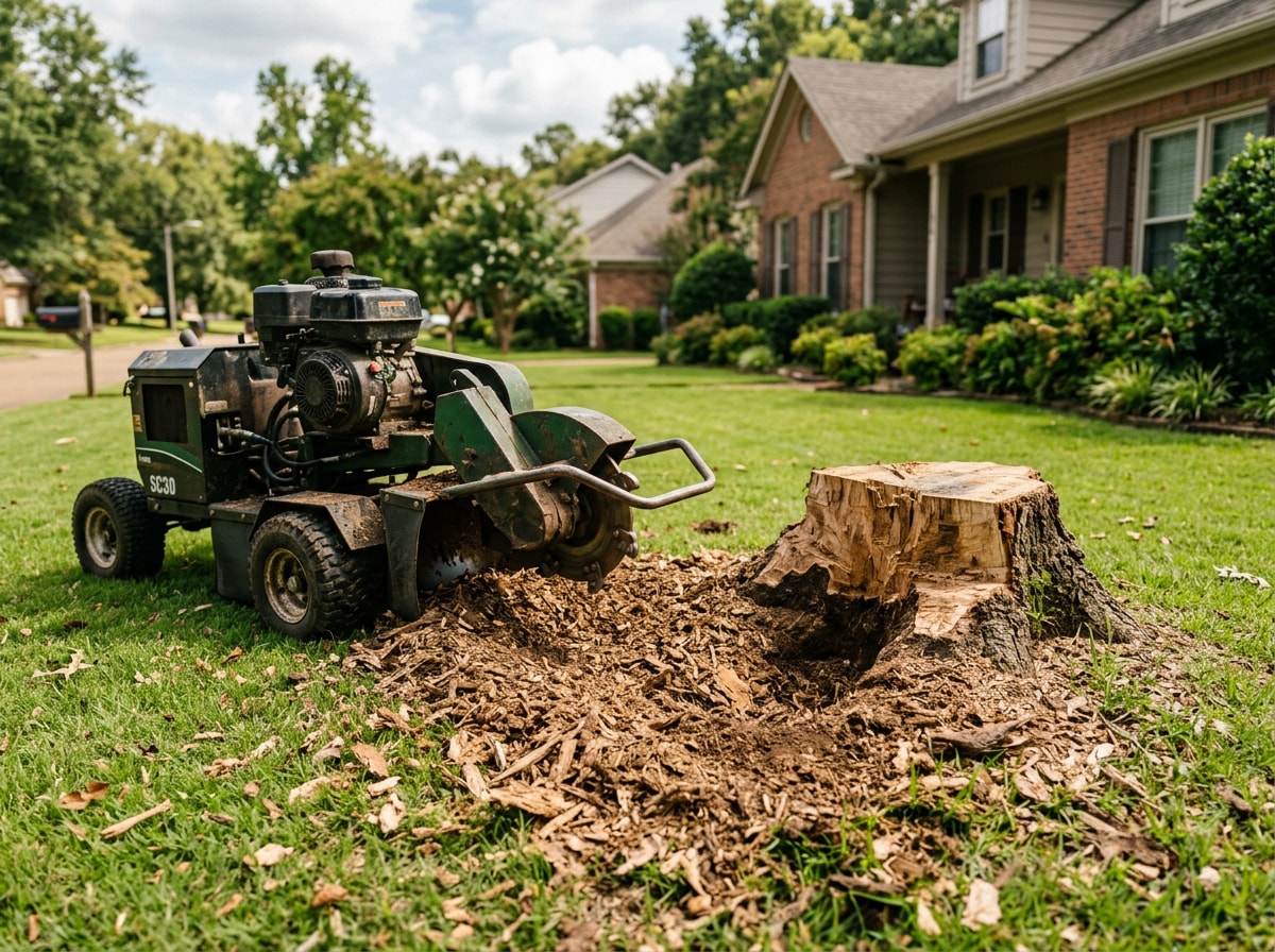 Stump grinder parked beside a freshly ground stump in a Jackson, MS front yard